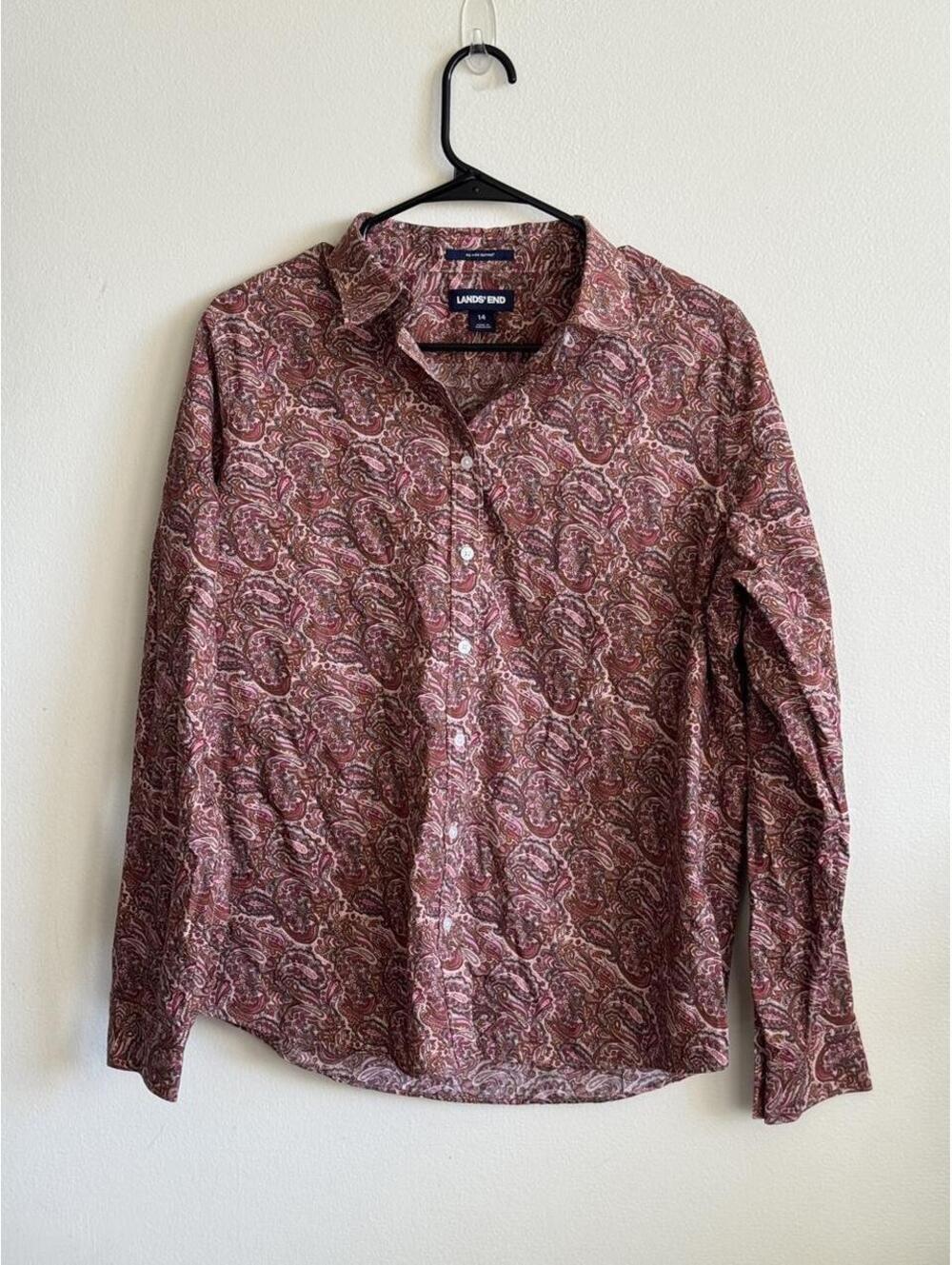 Lands’ End Size 14 Brown and pink paisley button-up shirt